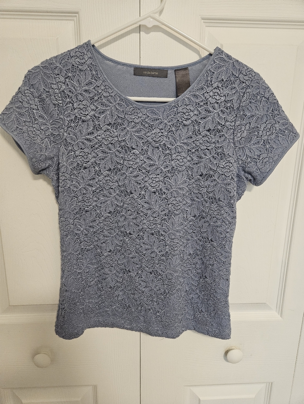 Liz Claiborne Women's Blue Floral Lace Short Sleeve Cottagecore Shirt Size Small